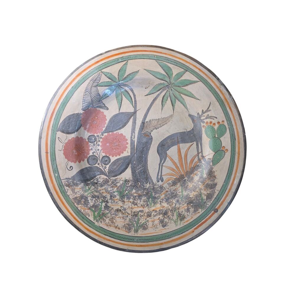 Vintage Large 16" Mexican Tonala Pottery Wall Platter Hand Painted Deer Folk Art